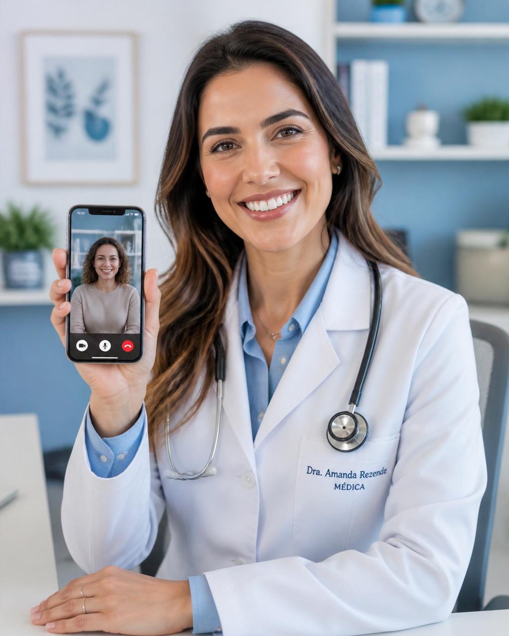 Médica atendendo paciente por vídeo pelo smartphone